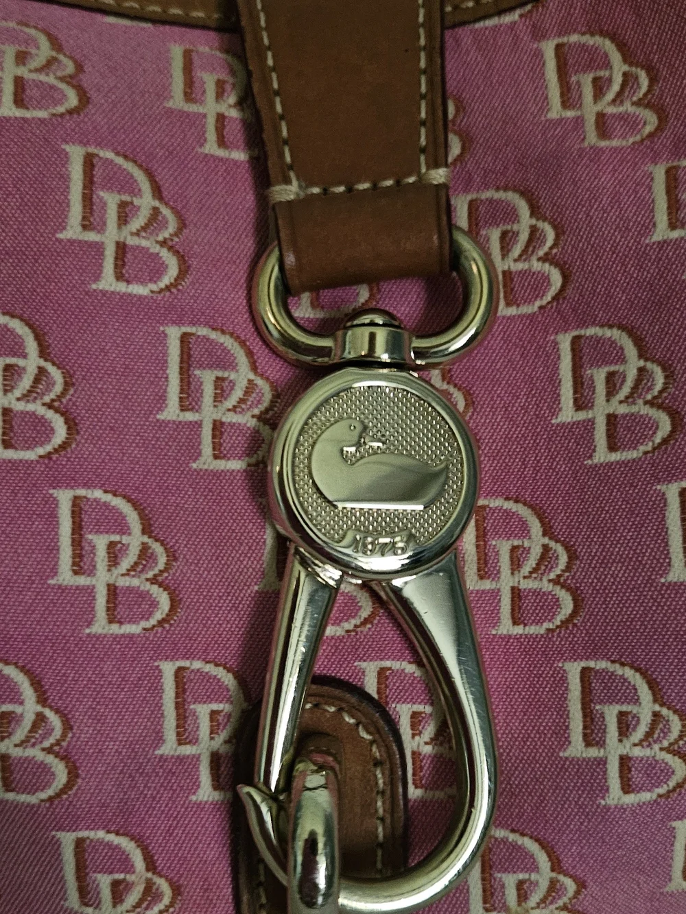 Vintage Dooney & Bourke Pink DB Monogram Hobo Bag with Duck Charm